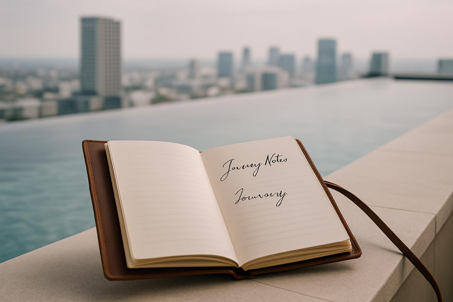 A notebook with "Journey Notes Journey" written on it in front of a body, possibly an infinity pool, of water and a city s...