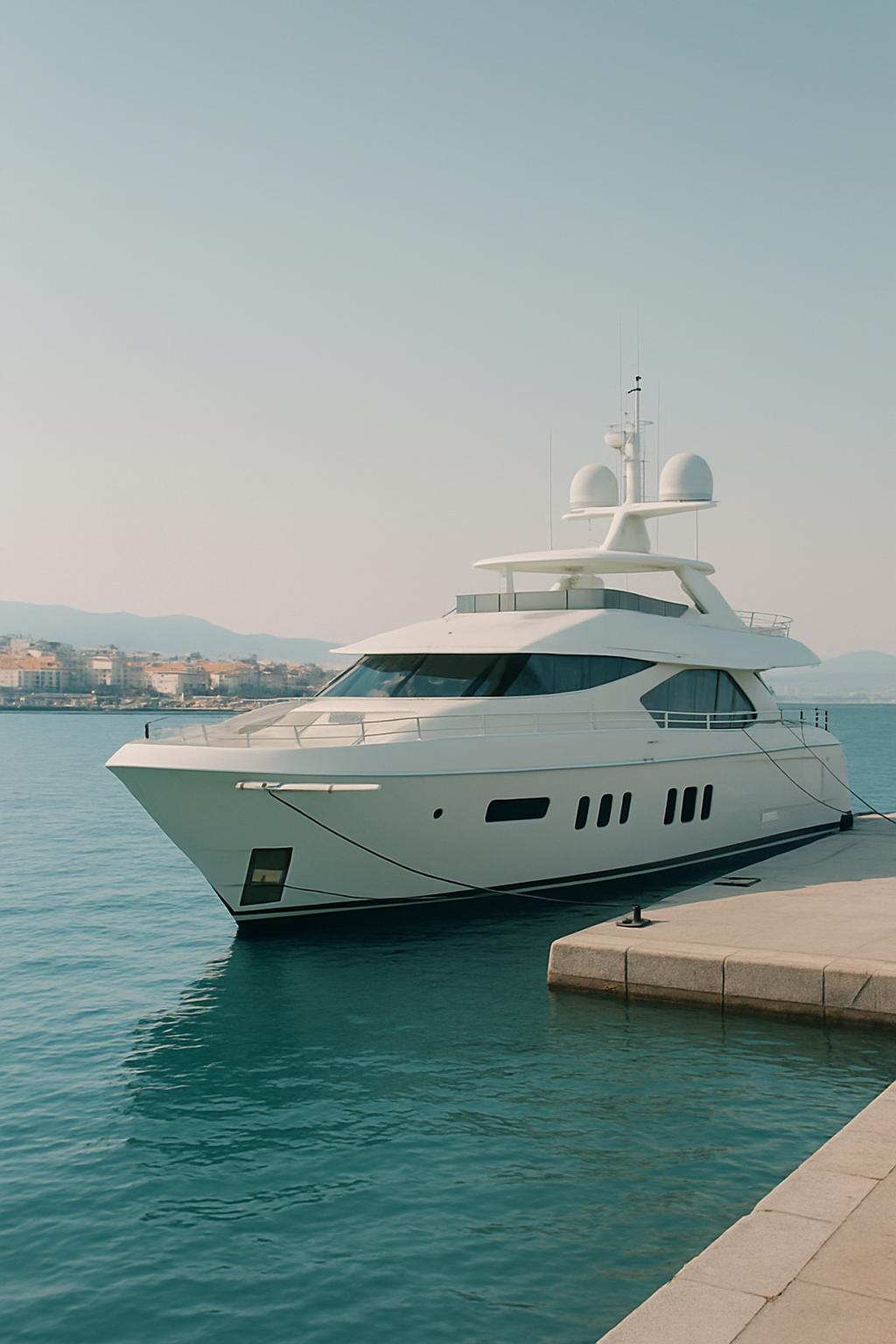Linking yacht to rest on docks ready for a water cruise with a slight background of the harbor.