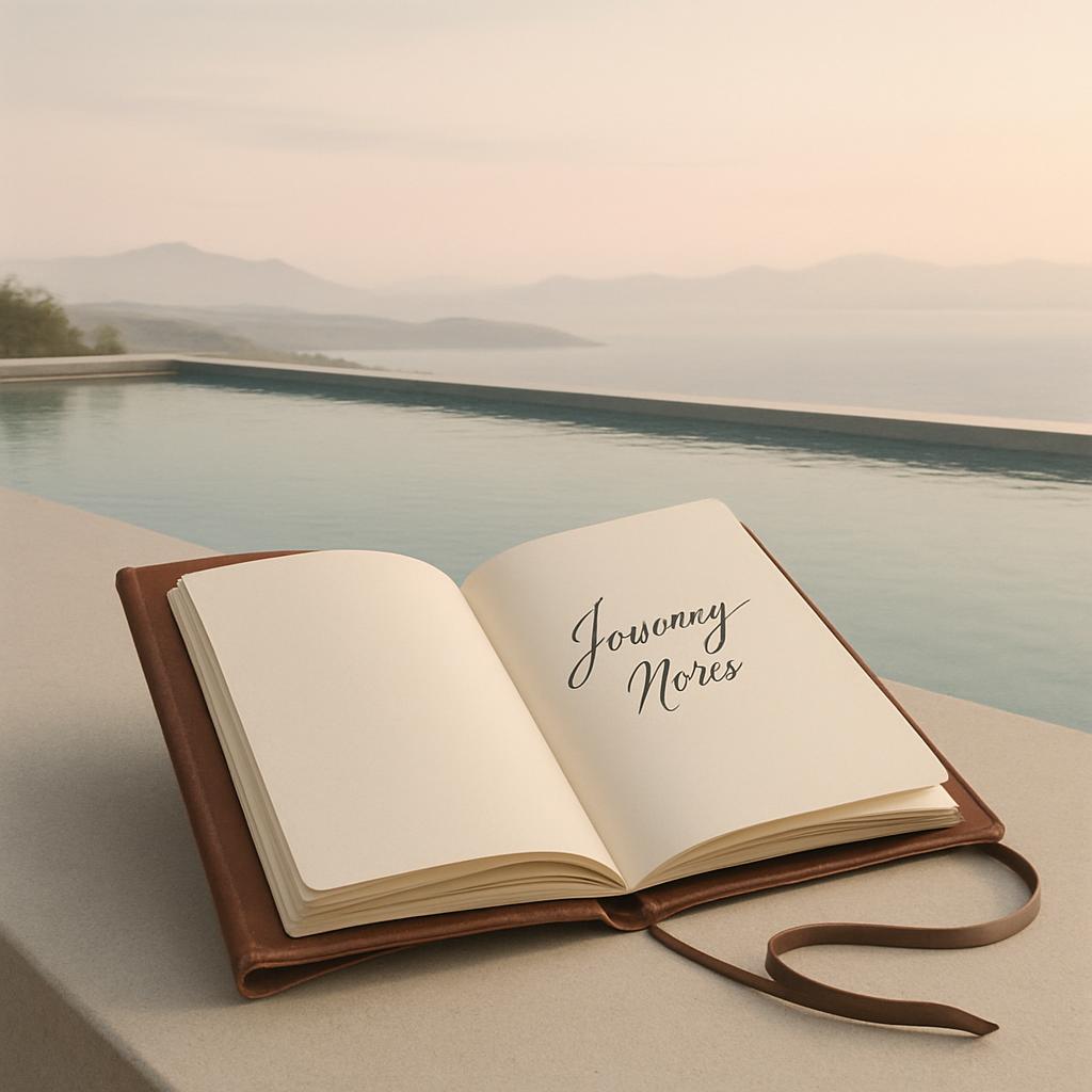 Brown leather journal with 'Jowonny Nores' written inside is by a pool near a body of water and mountains.