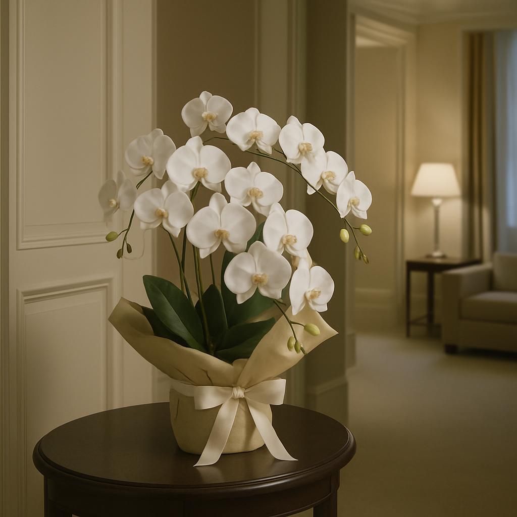 alist, description: A beige pot filled with white orchids and wrapped in a beige paper sits on a small, dark wooden table....