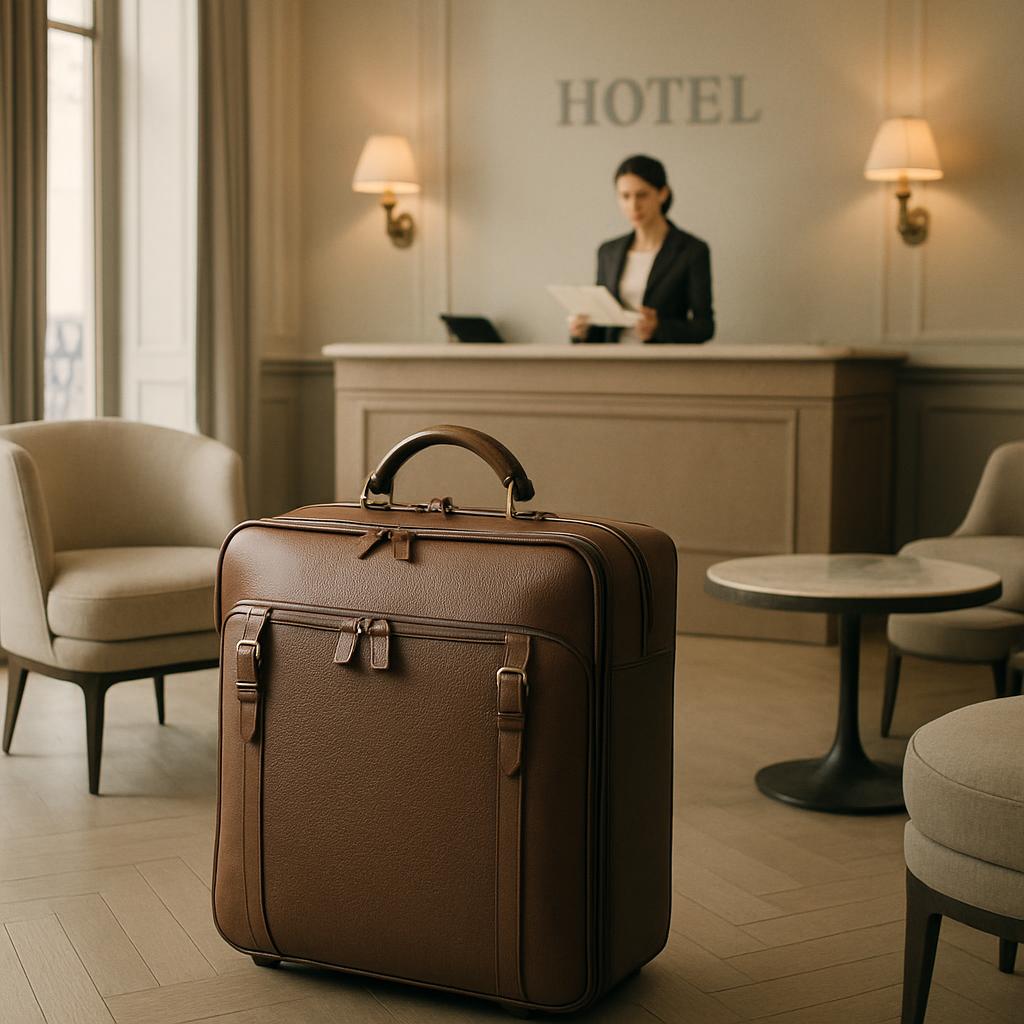 Luggage in a hotel lobby, corresponding image title: "Suitcase in Hotel Lobby".